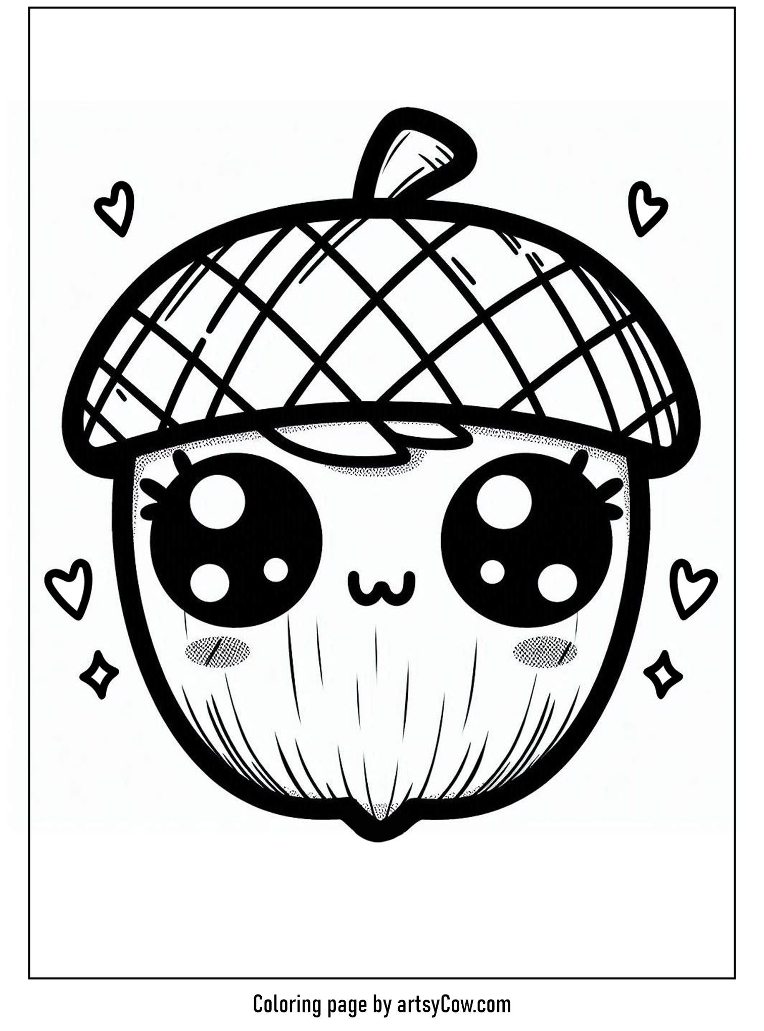 Easy thanksgiving coloring pages for kids featuring a cute acorn with big eyes and surrounded by hearts.